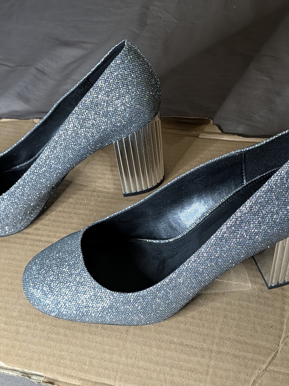 Michael Kors Silver Glitter Block Heel Pumps with Ribbed Metallic Heel